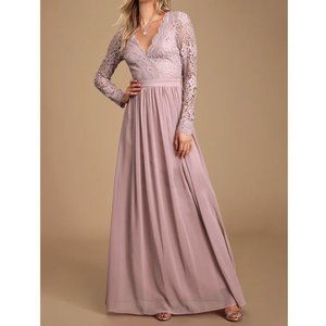 NWT Lulu's Awaken My Love Dusty Lavender Long Sleeve Lace Maxi Dress Size M
